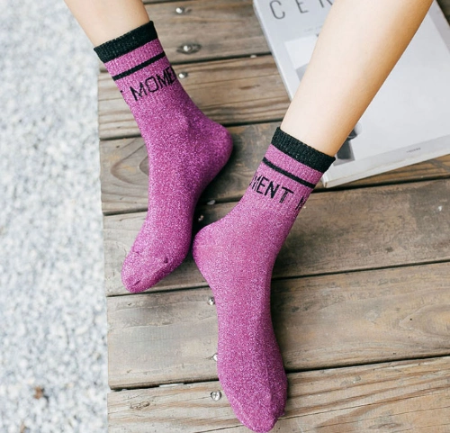 Custom Korean Silver Women Ankle Cotton Glitter Socks